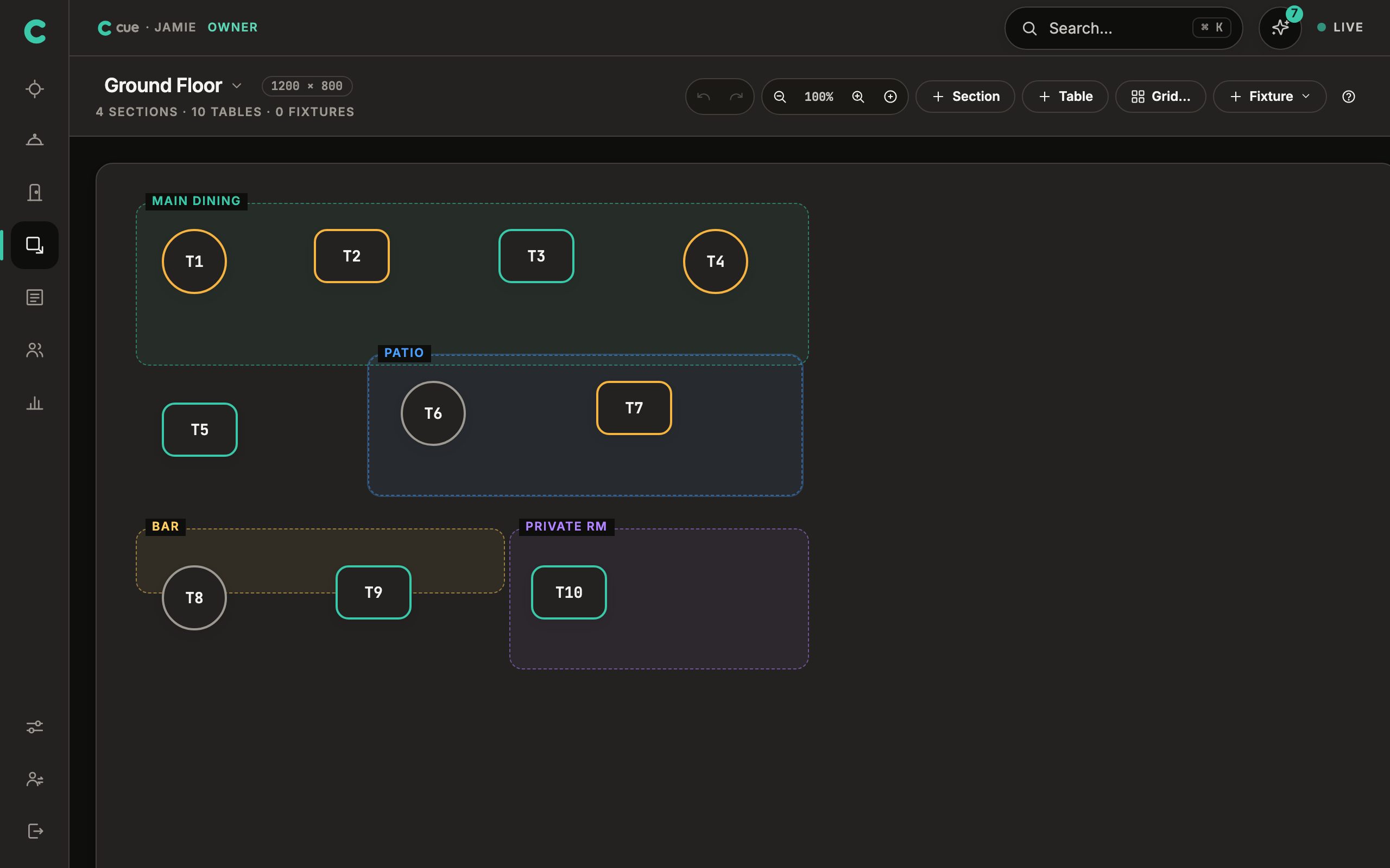 Cue's floor editor: four coloured sections containing ten tables of different shapes, with a toolbar for adding sections, tables and fixtures.