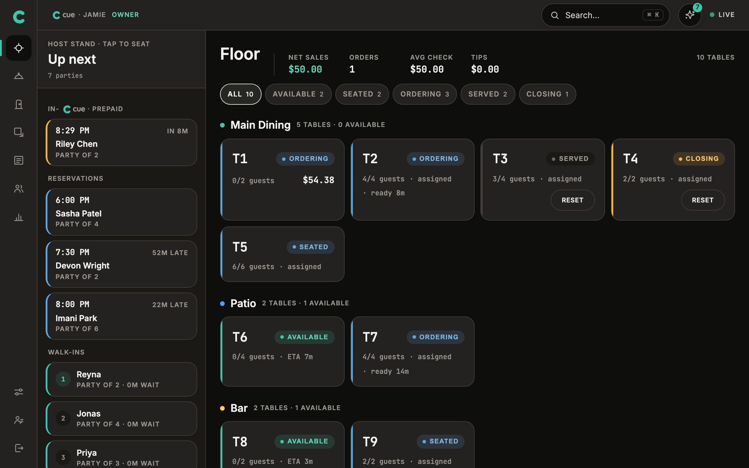 Cue's floor screen: tables grouped by section with status pills and open check totals, and a host rail showing walk-ins.
