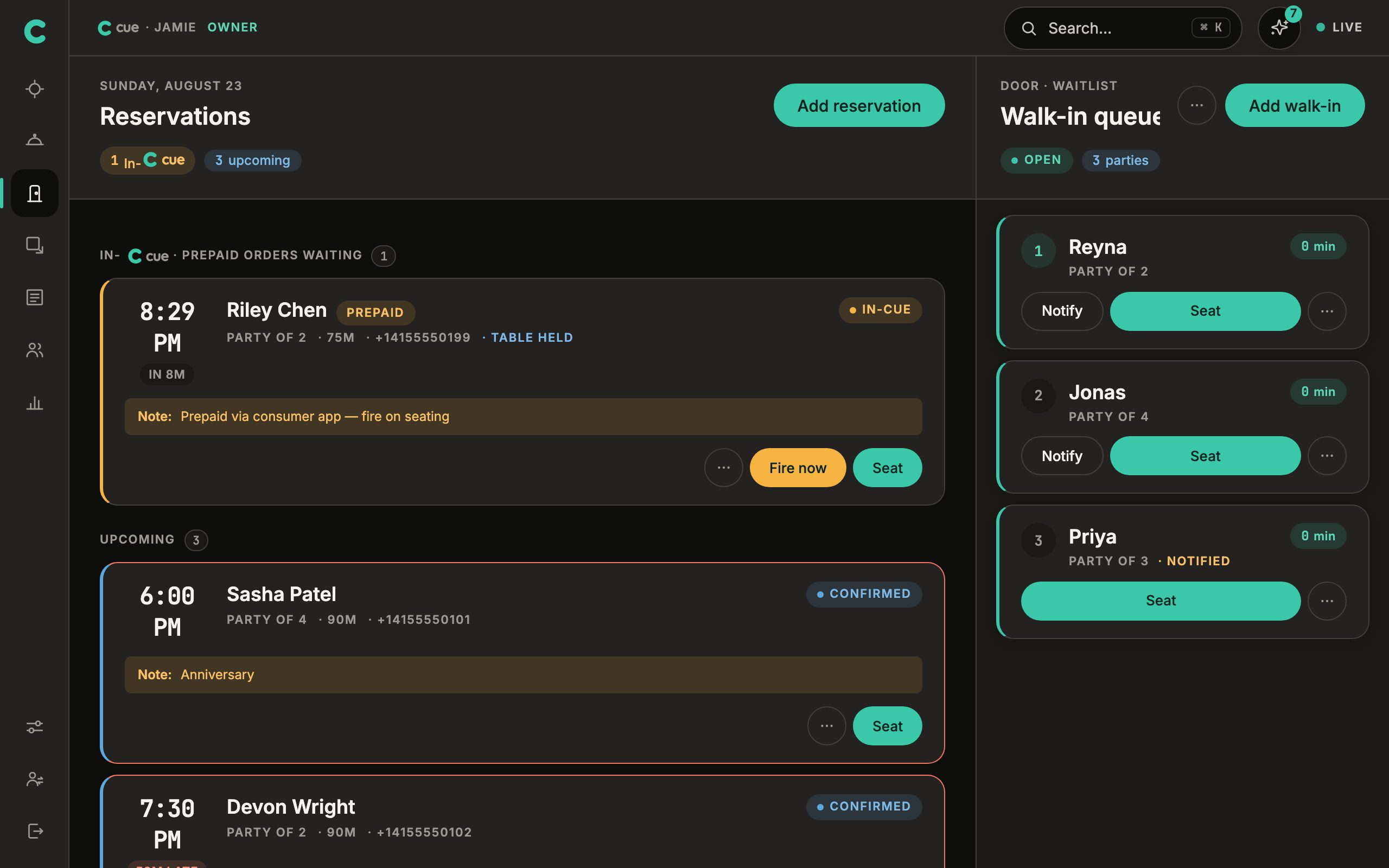 Cue's host stand: upcoming reservations with notes on the left, and a walk-in queue with wait times and seat actions on the right.
