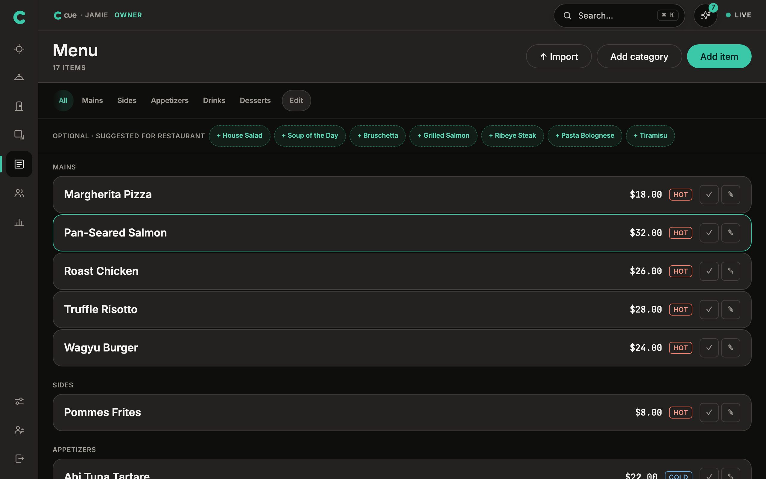 Cue's menu screen: items grouped by category with prices, station assignments and availability toggles.