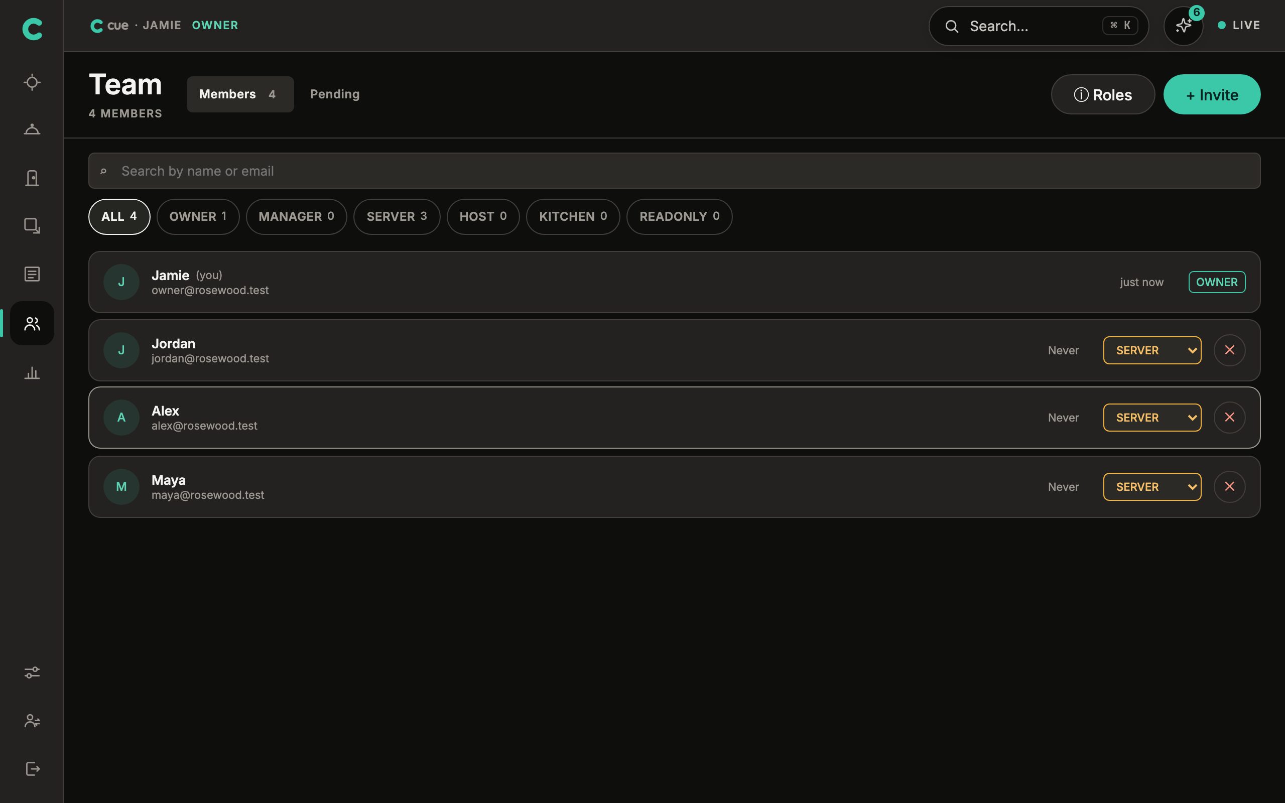 Cue's team screen: staff listed with their roles and current shift status.